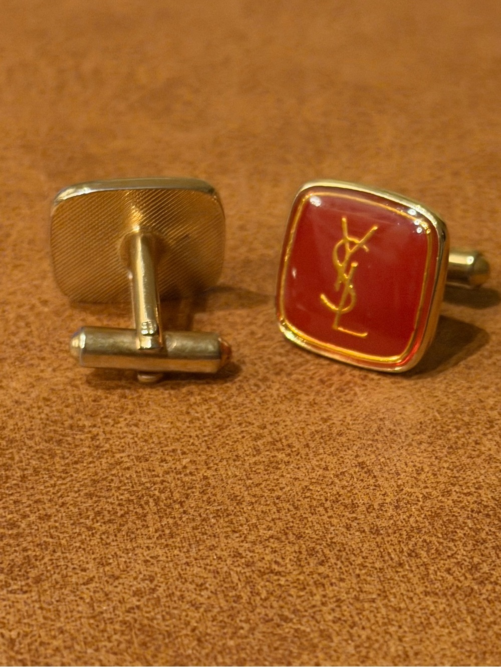 Yves Saint Laurent Gold-Tone Square Cufflinks with Red Enamel and YSL Logo